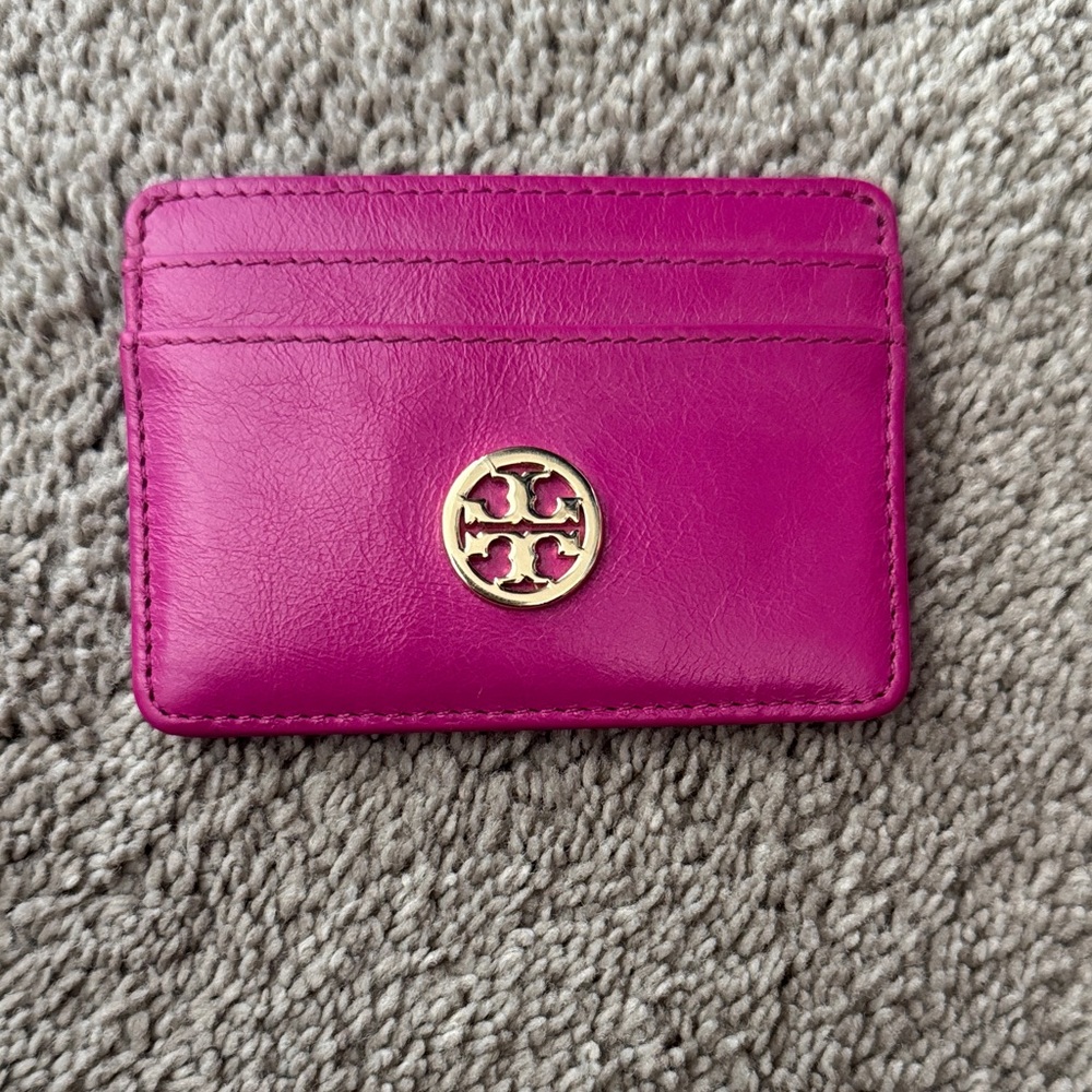 Tory Burch Fuchsia Leather Card Case with Gold Logo